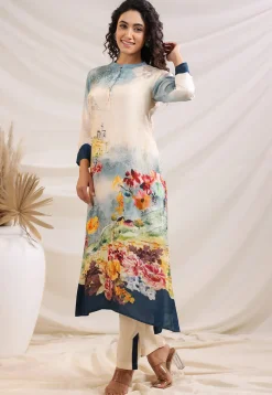 Digital Printed Art Silk Straight Kurta Set in Cream and Sky Blue