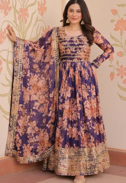 Digital Printed Art Silk Abaya Style Suit in Purple