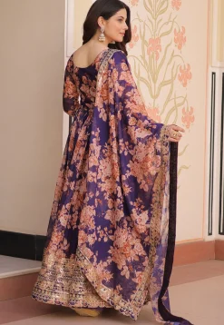 Digital Printed Art Silk Abaya Style Suit in Purple