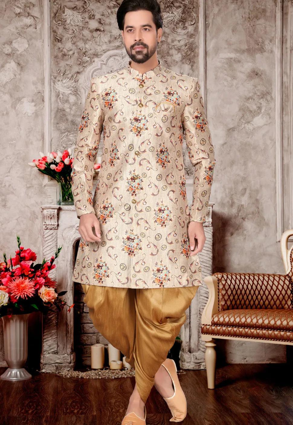 Digital Printed Art Silk Dhoti Sherwani in Light Beige