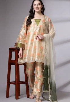 Digital Printed Art Silk Pakistani Suit in Beige