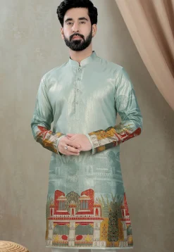 Digital Printed Art Silk Kurta in Dusty Green