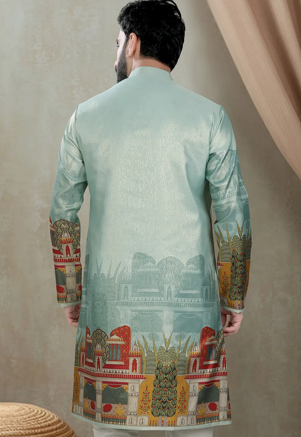Digital Printed Art Silk Kurta in Dusty Green