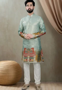 Digital Printed Art Silk Kurta in Dusty Green