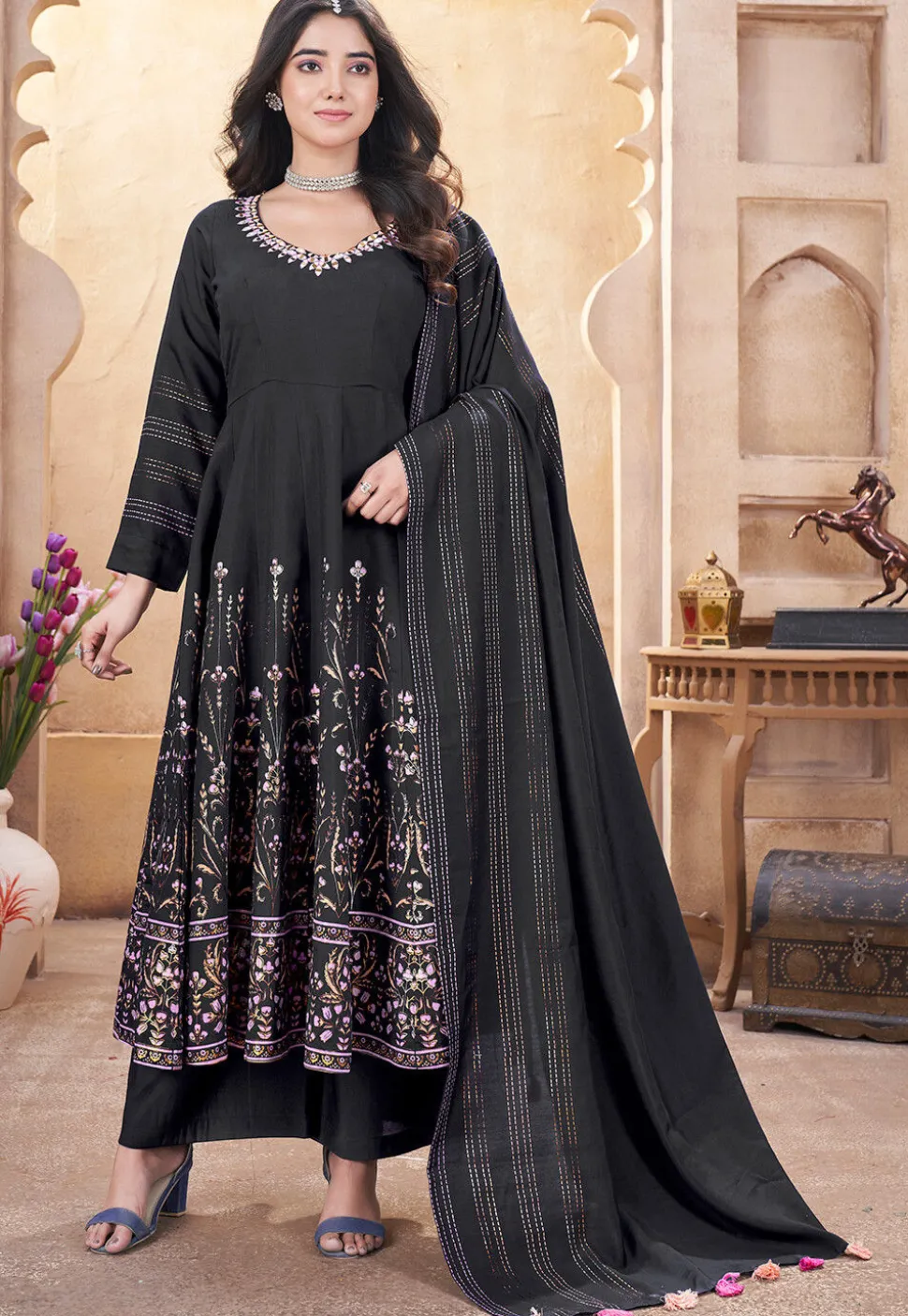 Digital Printed Art Silk Anarkali Suit in Black