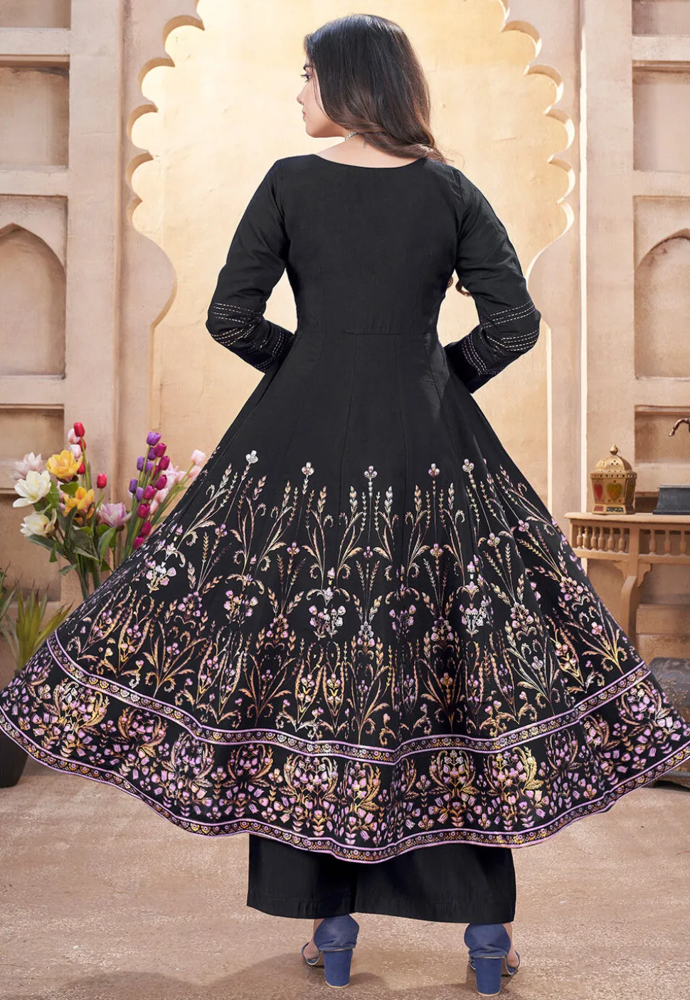 Digital Printed Art Silk Anarkali Suit in Black