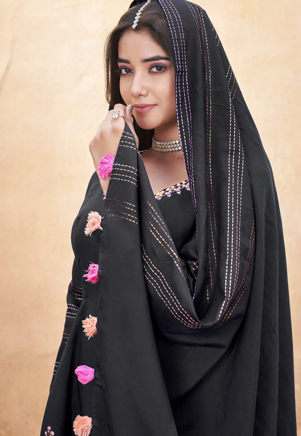 Digital Printed Art Silk Anarkali Suit in Black