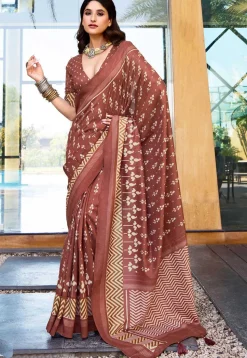 Digital Printed Art Silk Saree in Brown