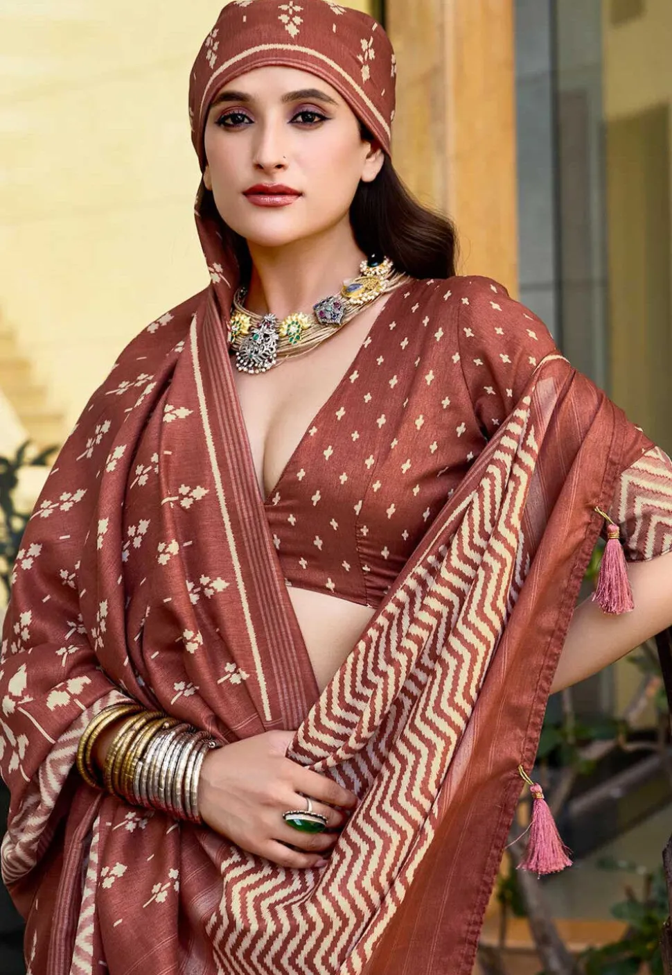 Digital Printed Art Silk Saree in Brown