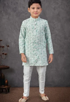 Digital Printed Art Silk Kurta Set in Off White and Sea Green