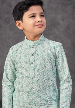 Digital Printed Art Silk Kurta Set in Off White and Sea Green