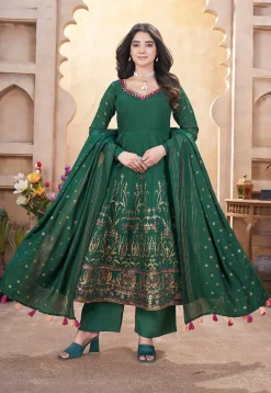 Digital Printed Art Silk Anarkali Suit in Dark Green