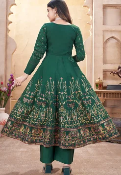 Digital Printed Art Silk Anarkali Suit in Dark Green
