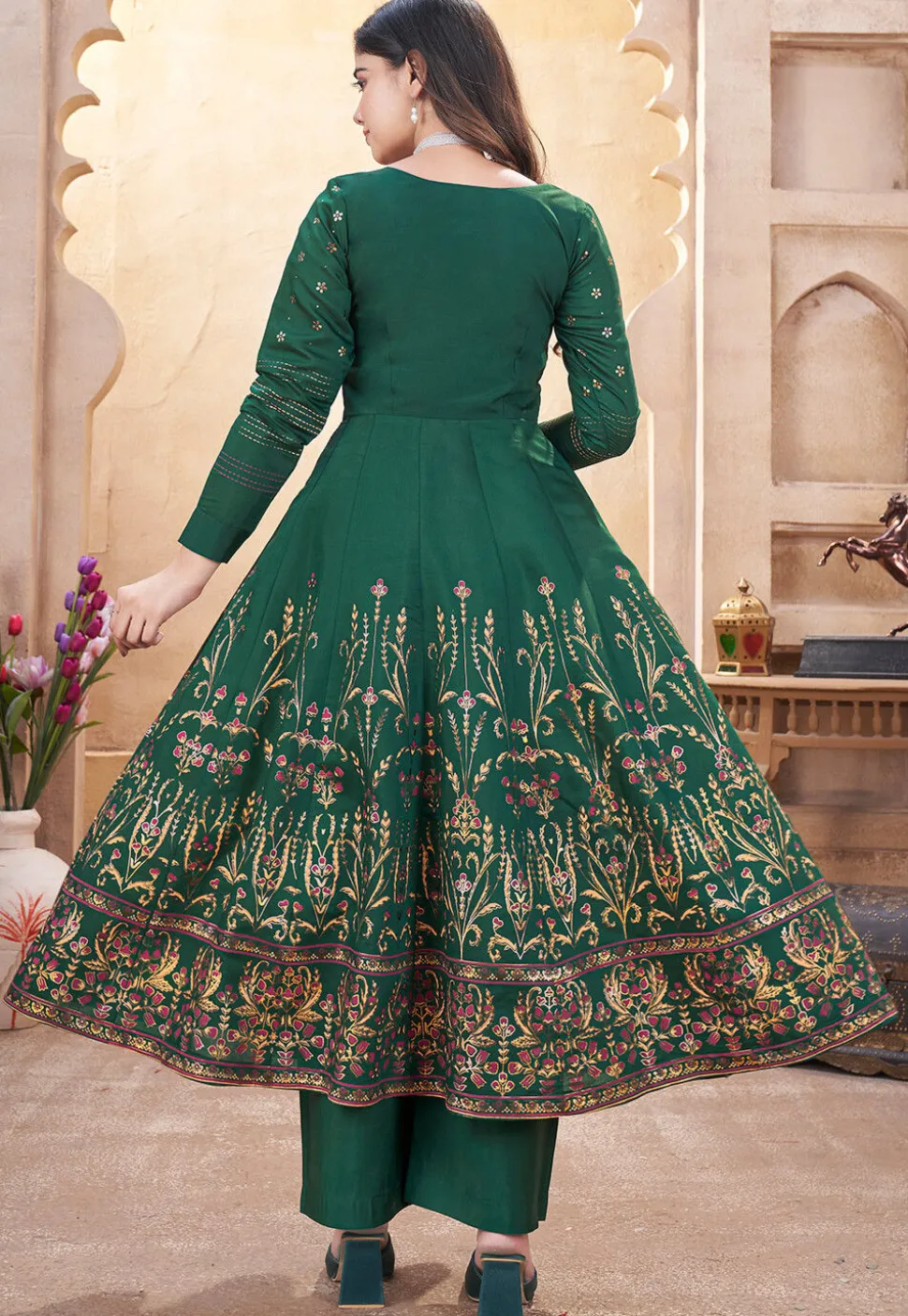 Digital Printed Art Silk Anarkali Suit in Dark Green