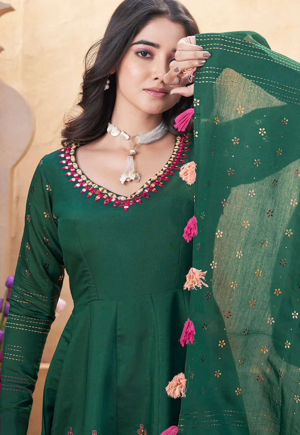 Digital Printed Art Silk Anarkali Suit in Dark Green