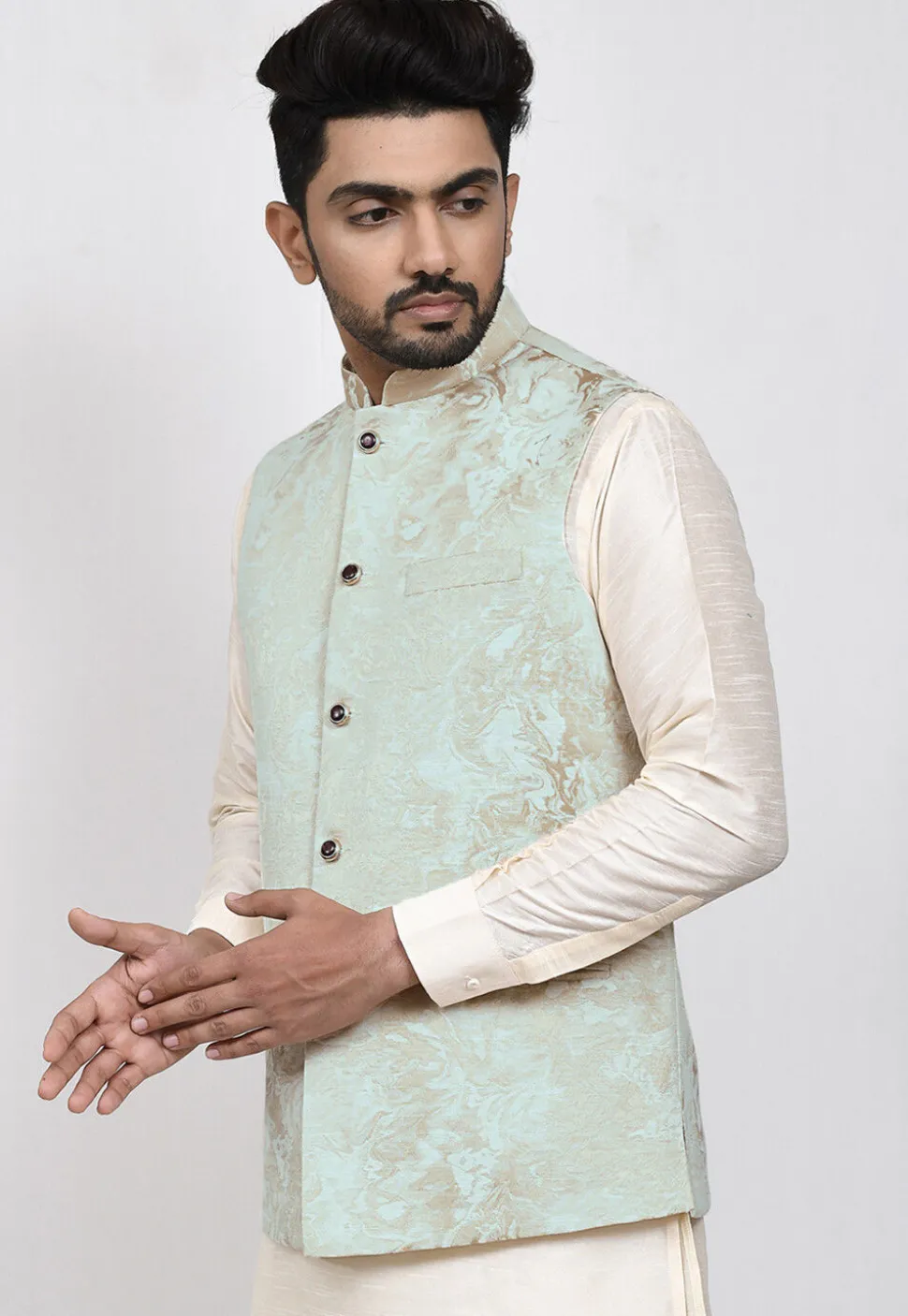Digital Printed Art Silk Nehru Jacket in Pastel Green