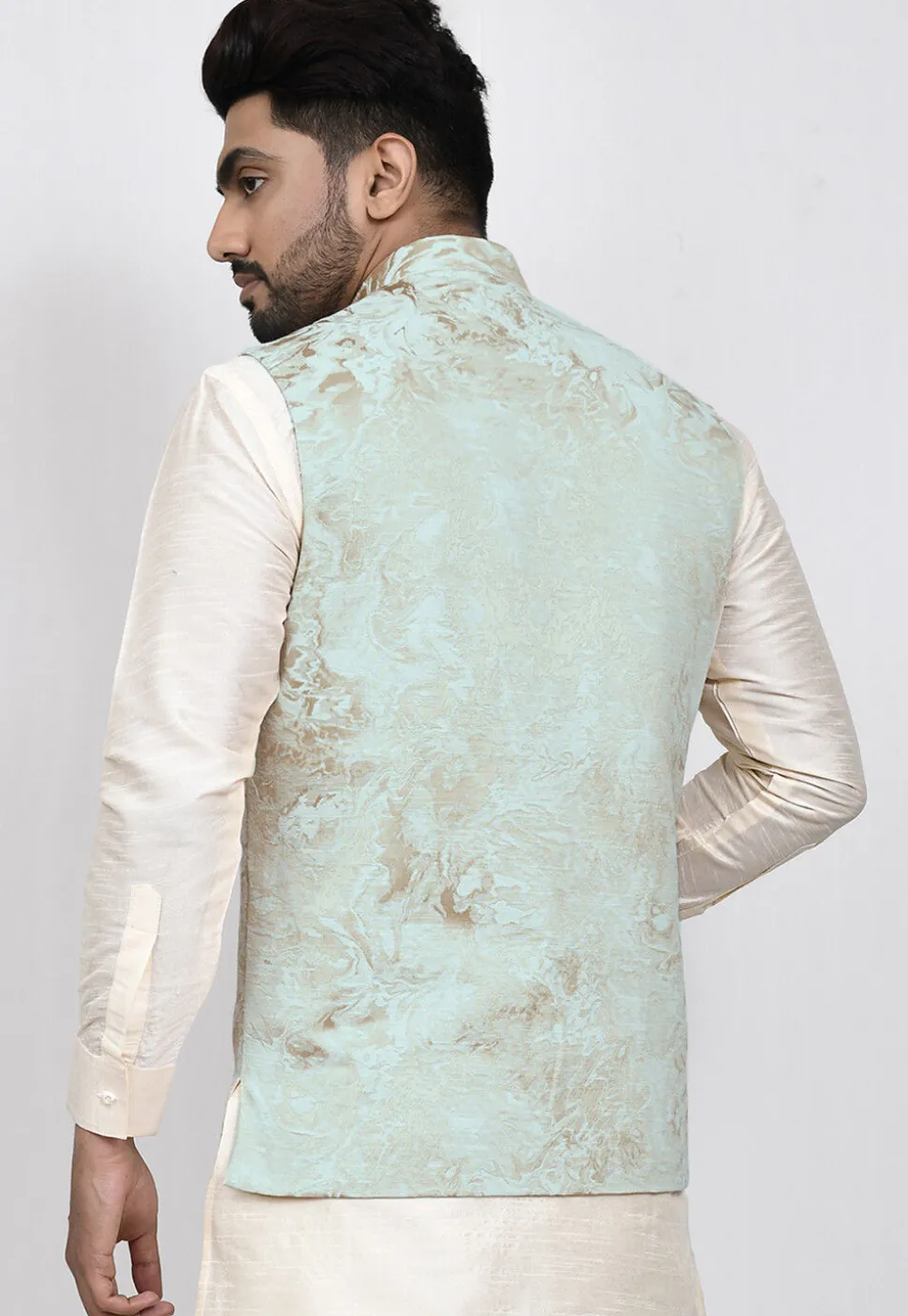 Digital Printed Art Silk Nehru Jacket in Pastel Green