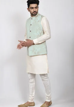 Digital Printed Art Silk Nehru Jacket in Pastel Green