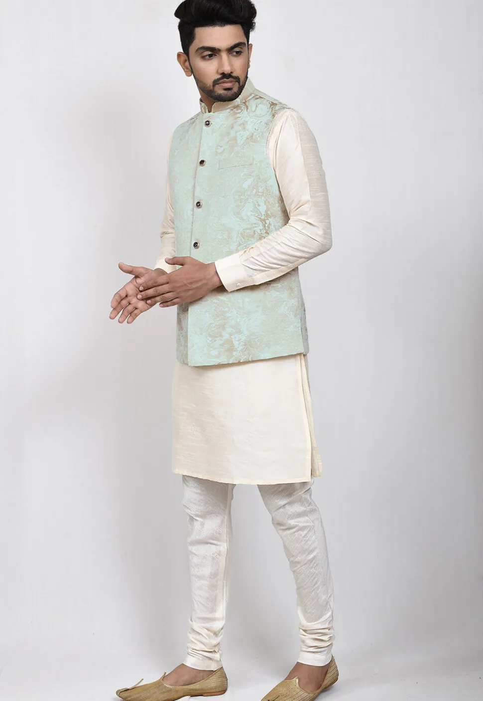 Digital Printed Art Silk Nehru Jacket in Pastel Green