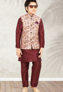 Digital Printed Art Silk Kurta Jacket Set in Maroon and Cream