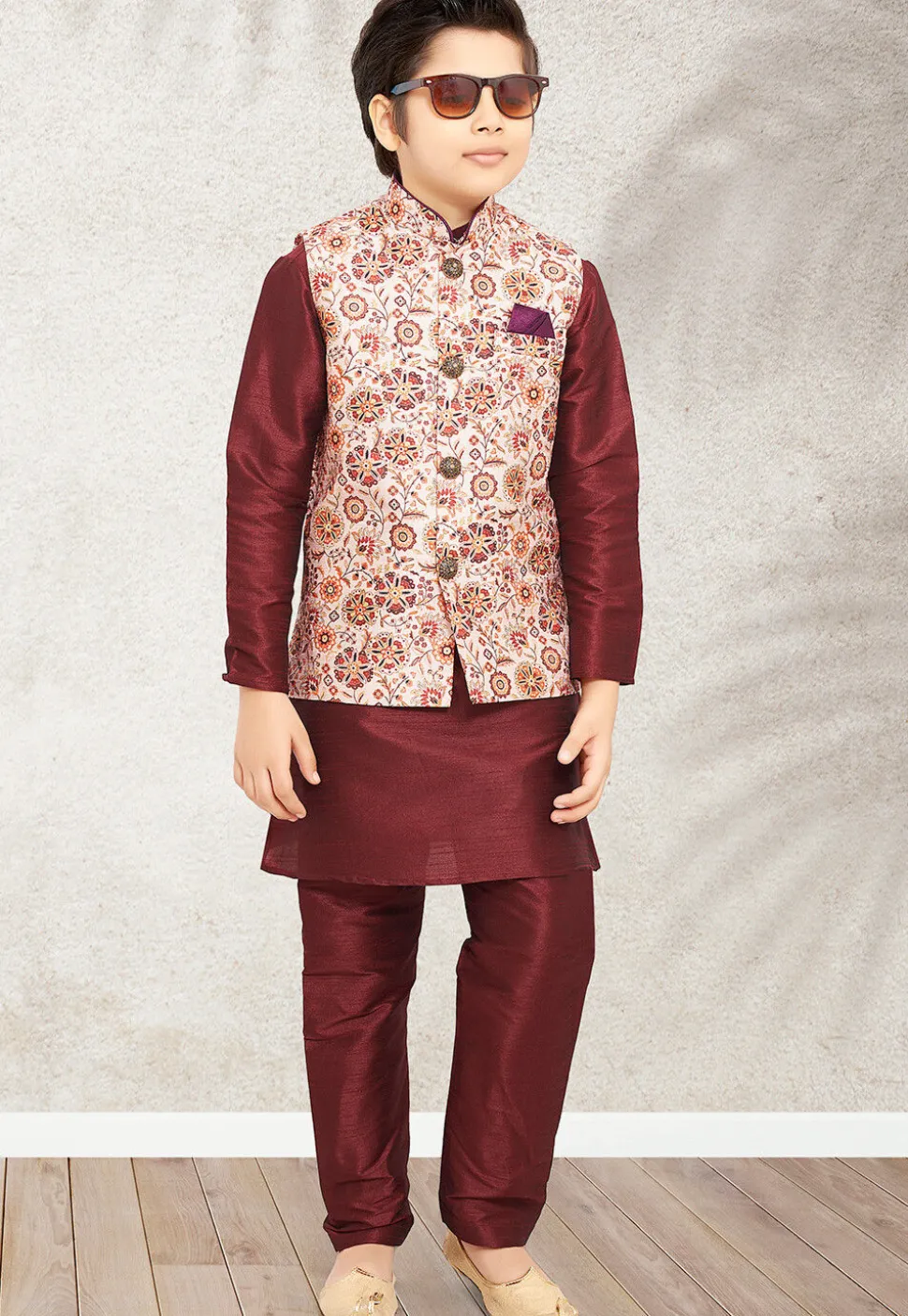 Digital Printed Art Silk Kurta Jacket Set in Maroon and Cream