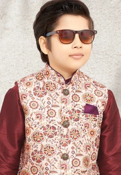 Digital Printed Art Silk Kurta Jacket Set in Maroon and Cream