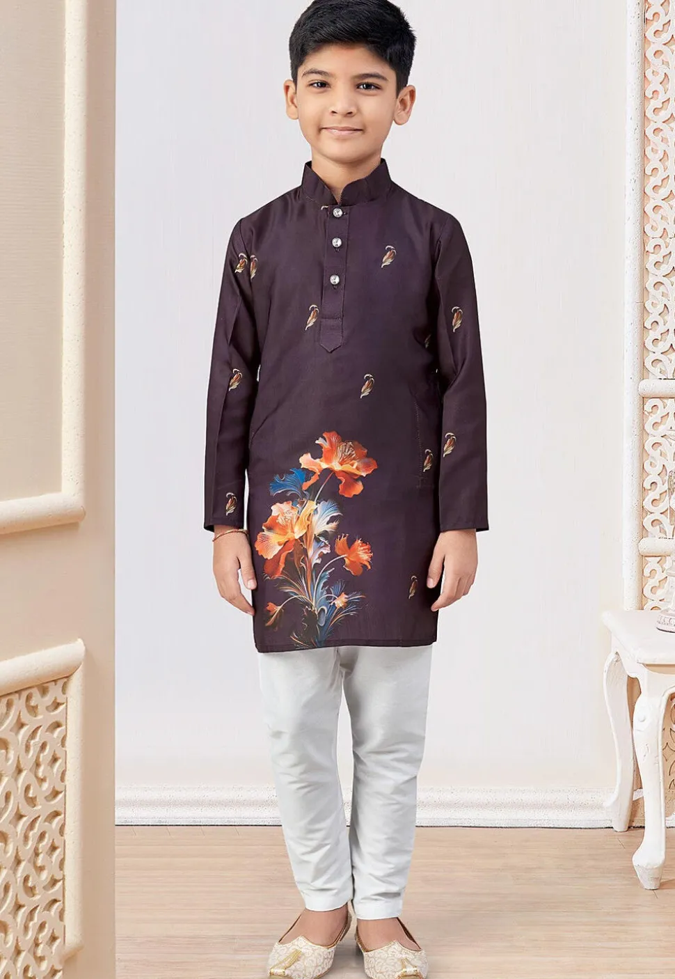 Digital Printed Art Silk Kurta Set in Dark Purple