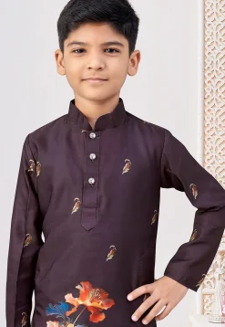 Digital Printed Art Silk Kurta Set in Dark Purple