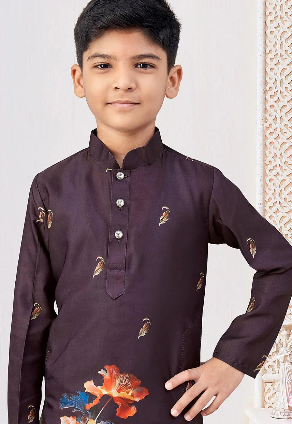Digital Printed Art Silk Kurta Set in Dark Purple