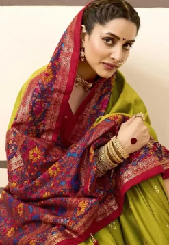 Digital Printed Art Silk Saree in Olive Green