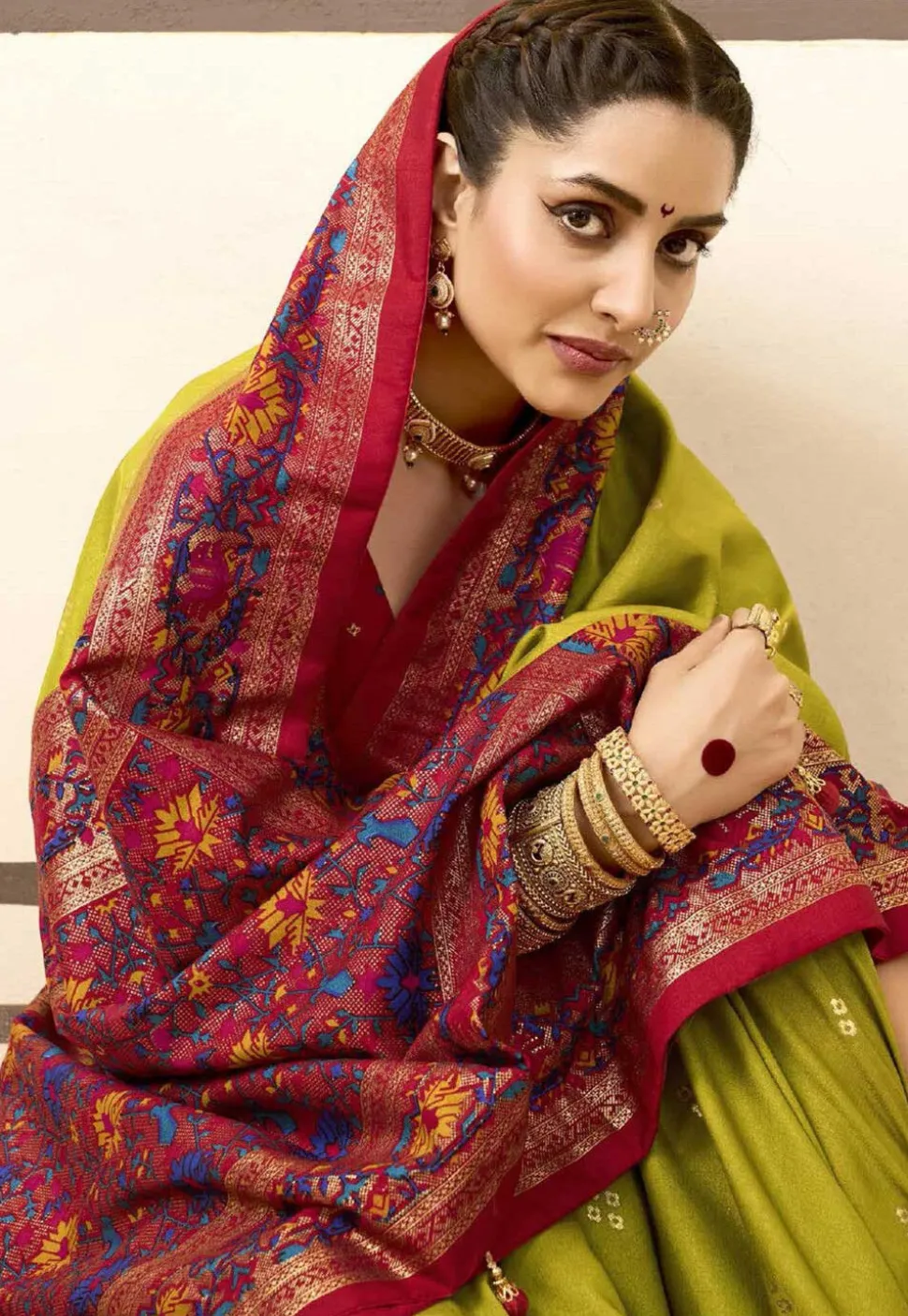 Digital Printed Art Silk Saree in Olive Green
