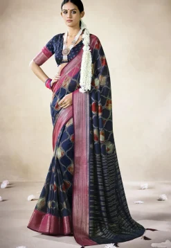Digital Printed Art Silk Saree in Navy Blue