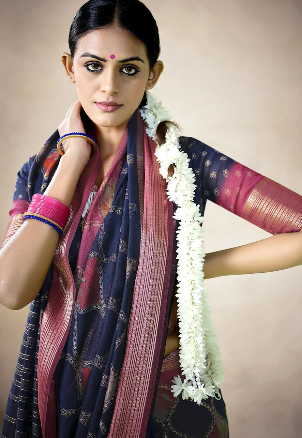 Digital Printed Art Silk Saree in Navy Blue