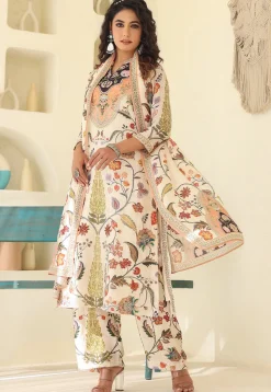 Digital Printed Art Silk Pakistani Suit in Off White