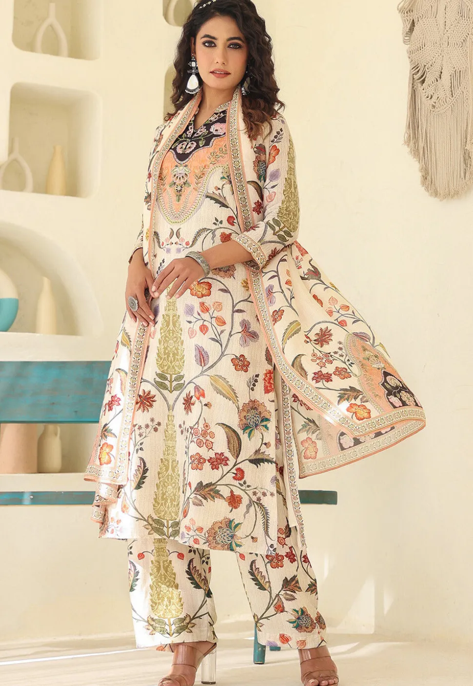 Digital Printed Art Silk Pakistani Suit in Off White