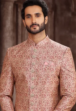 Digital Printed Art Silk Sherwani in Peach