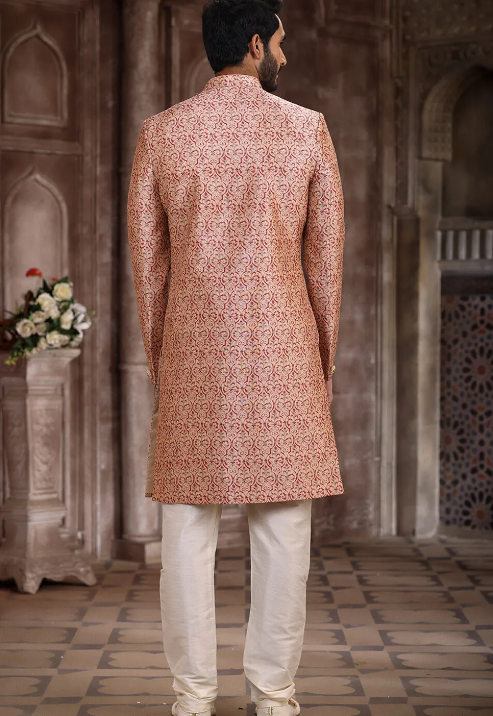 Digital Printed Art Silk Sherwani in Peach