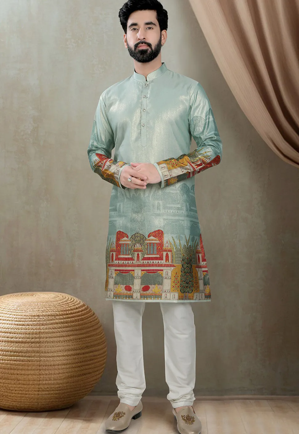 Digital Printed Art Silk Kurta Set in Dusty Green
