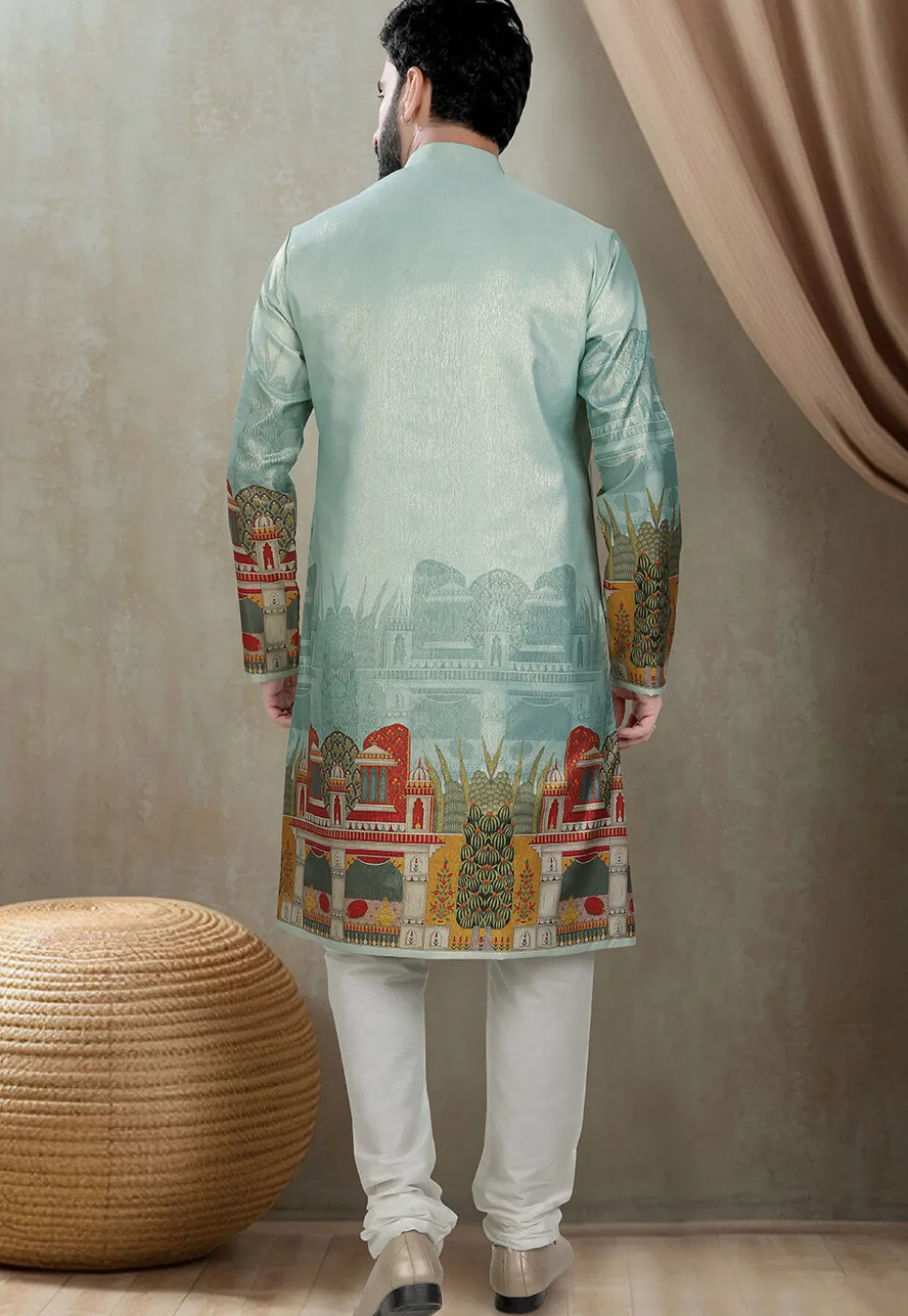 Digital Printed Art Silk Kurta Set in Dusty Green