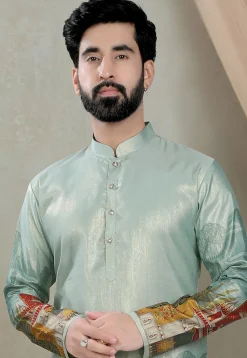 Digital Printed Art Silk Kurta Set in Dusty Green