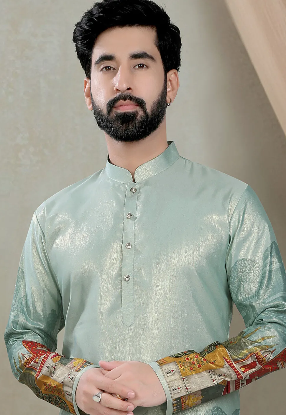 Digital Printed Art Silk Kurta Set in Dusty Green