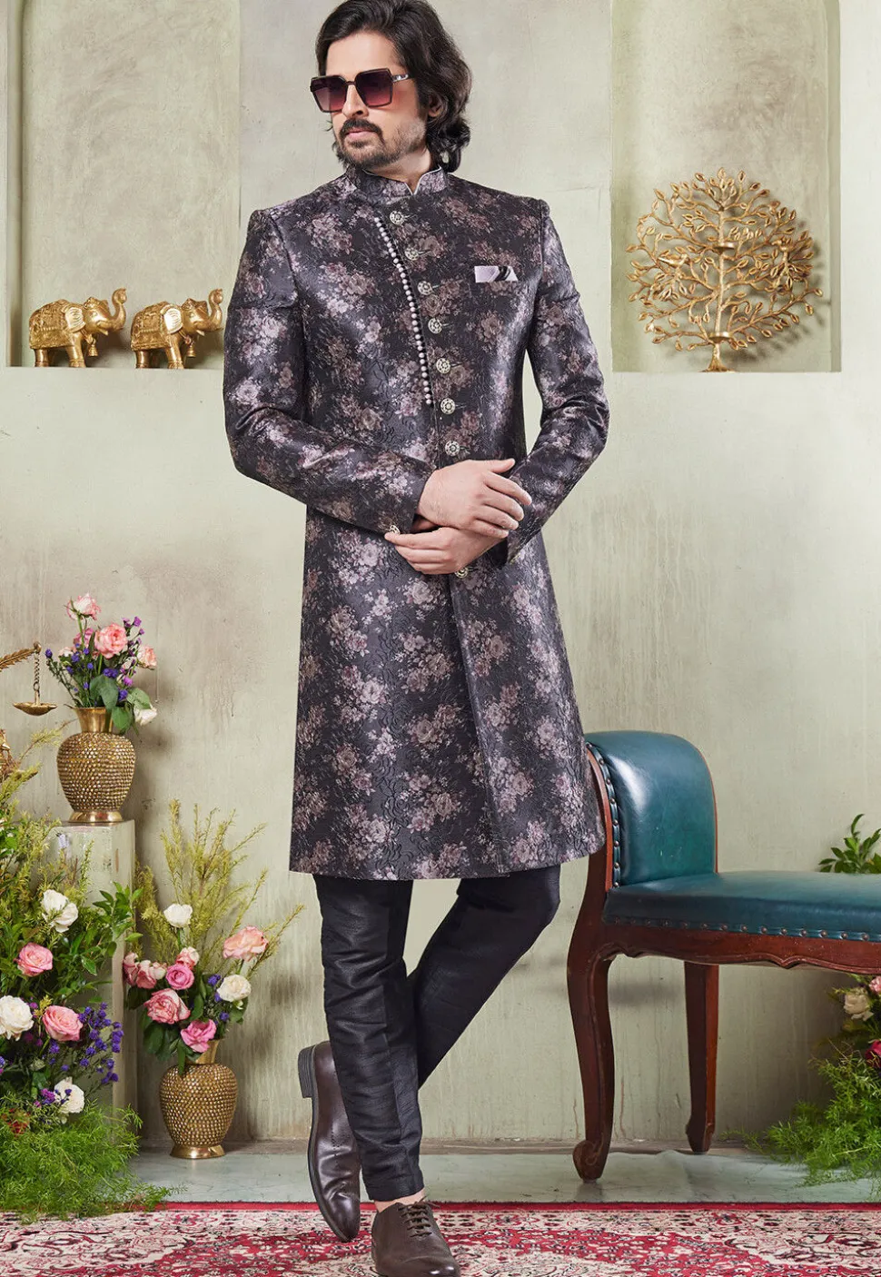 Digital Printed Art Silk Sherwani in Black