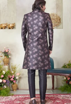 Digital Printed Art Silk Sherwani in Black