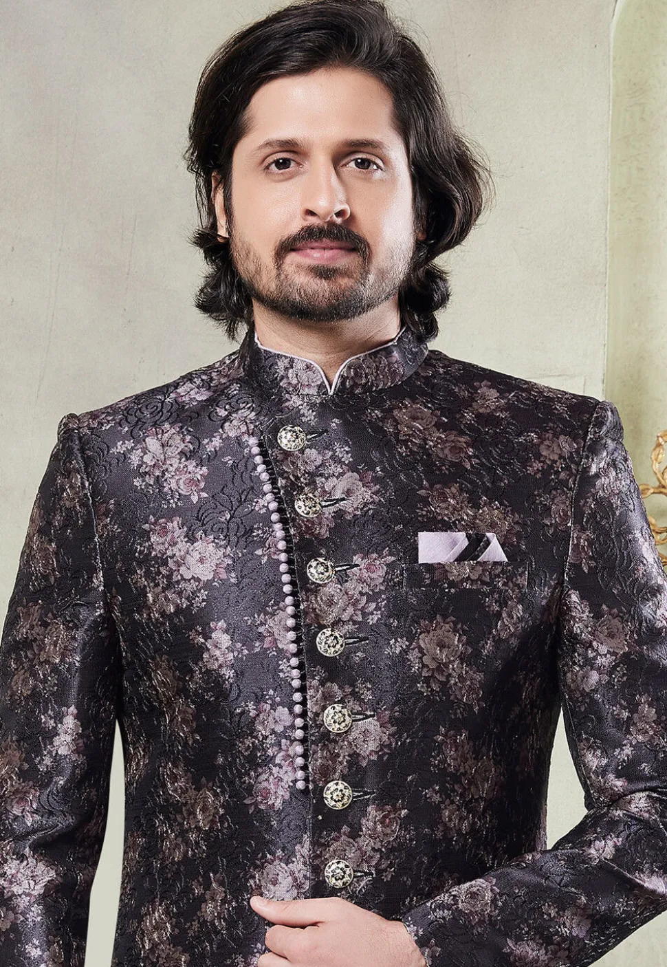 Digital Printed Art Silk Sherwani in Black