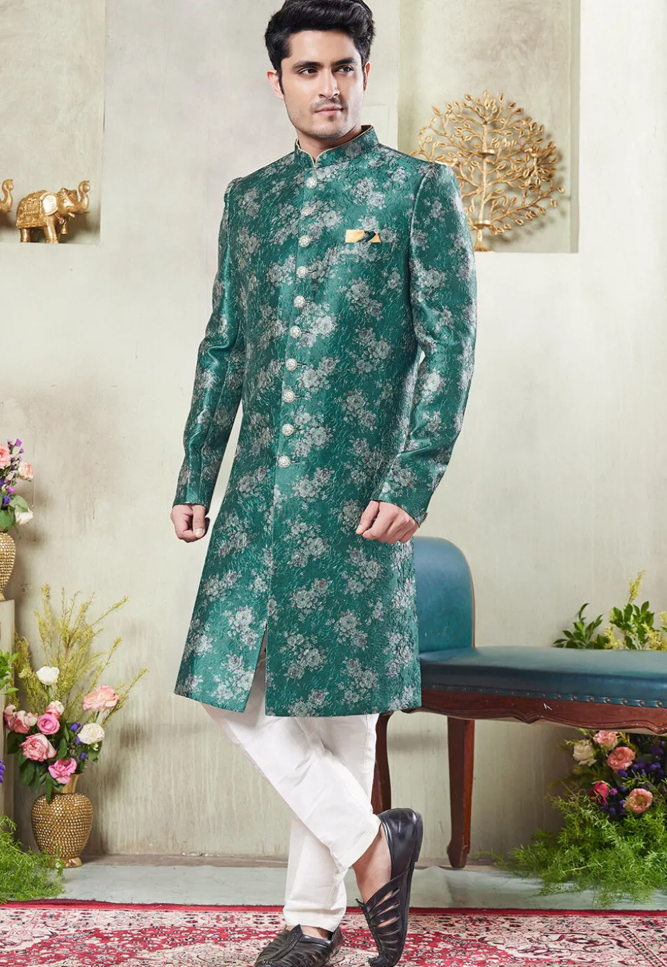 Digital Printed Art Silk Sherwani in Teal Green