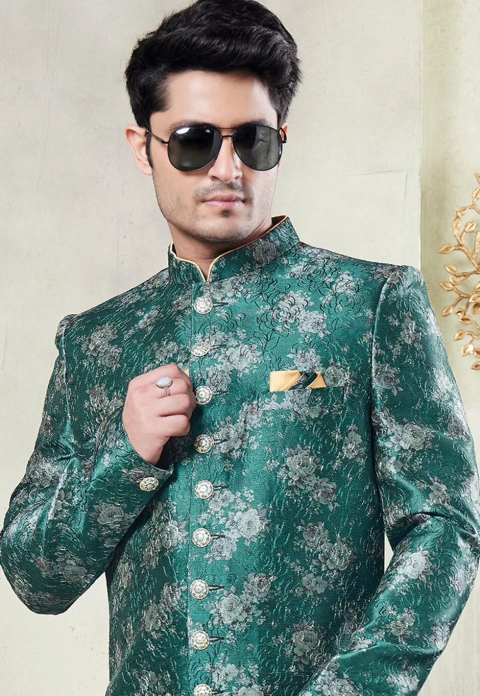Digital Printed Art Silk Sherwani in Teal Green