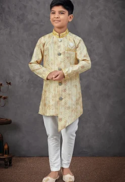 Digital Printed Art Silk Sherwani in Yellow