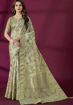 Digital Printed Art Silk Saree in Dusty Green