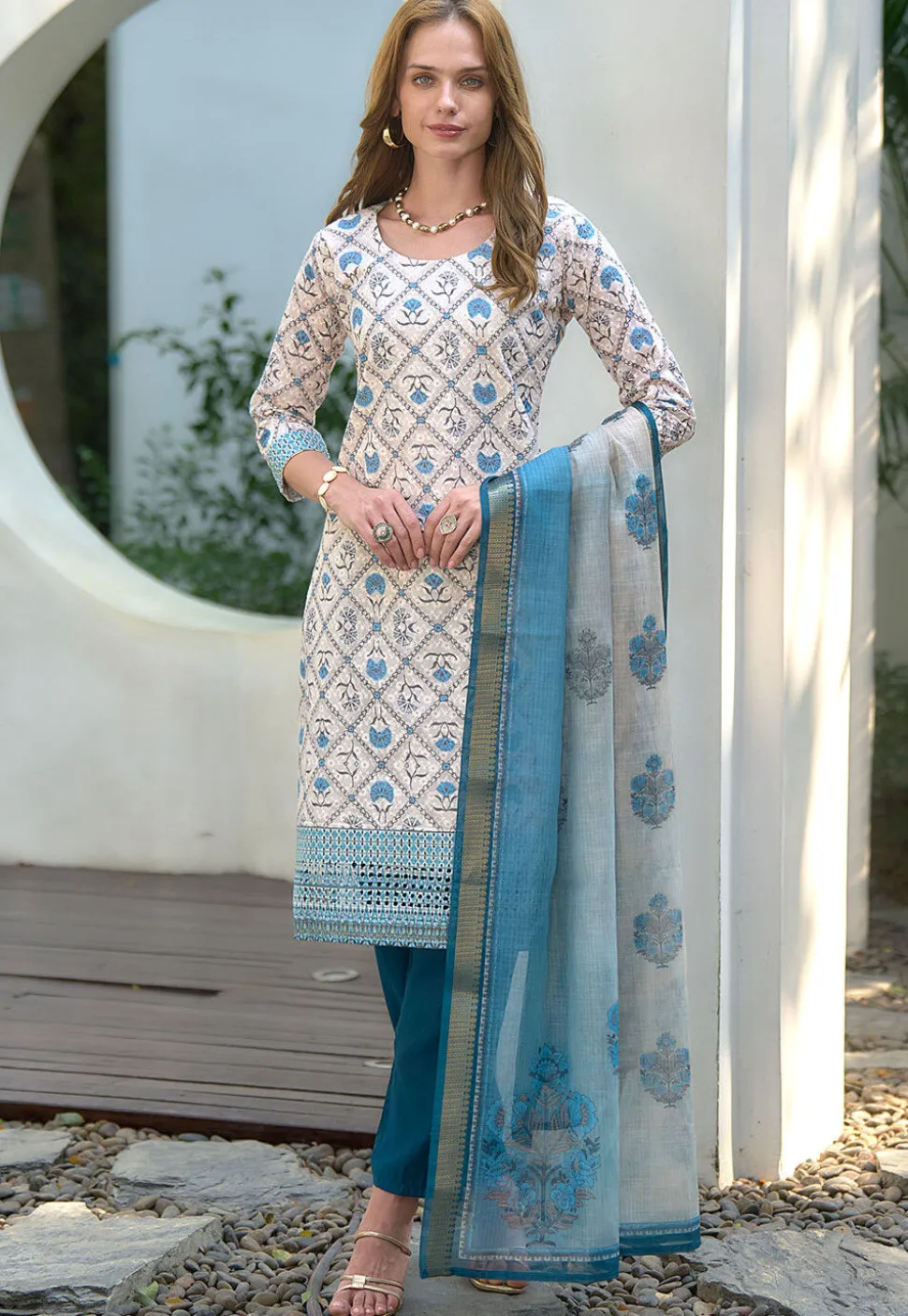Digital Printed Art Silk Pakistani Suit in Off White