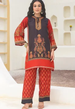 Digital Printed Art Silk Straight Kurta Set in Black and Red